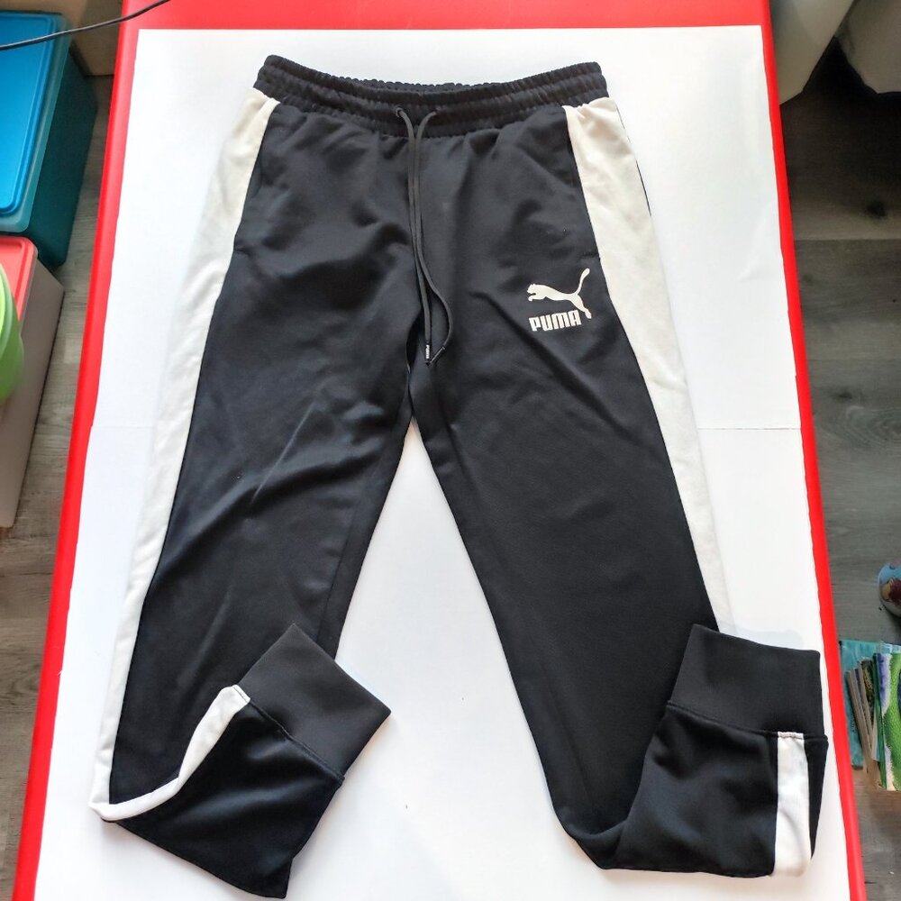 Puma athletic track pants black with white stripe men's size M